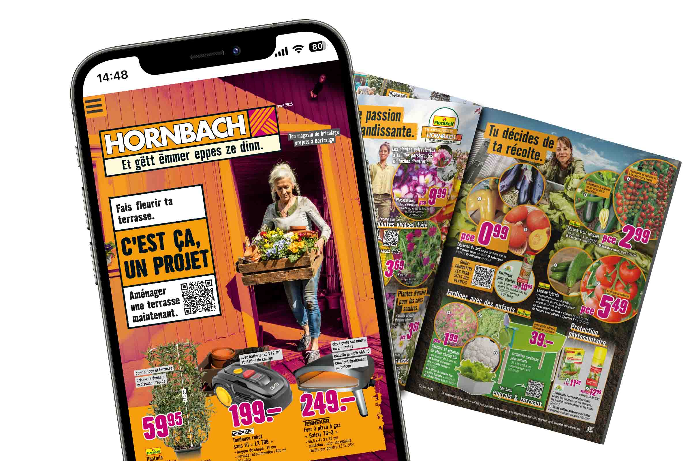 Smartphone zeigt Hornbach Werbung und Gartenprodukte