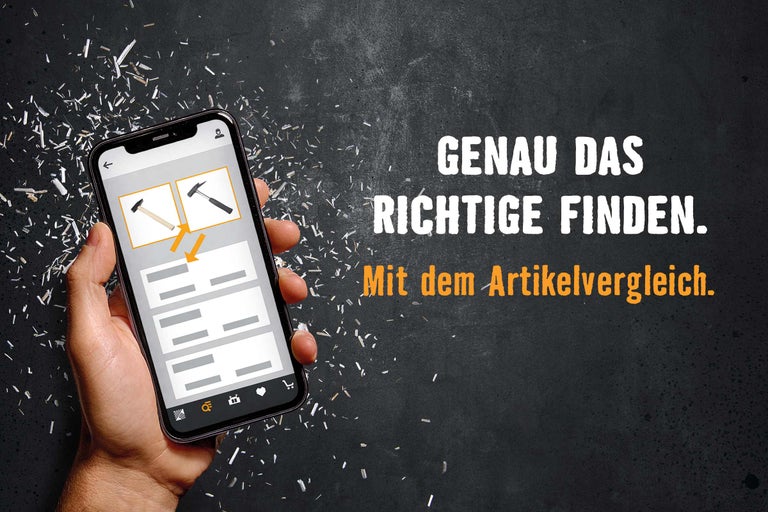 Ein Smartphone zeigt den Artikelvergleich der Hornbach App.