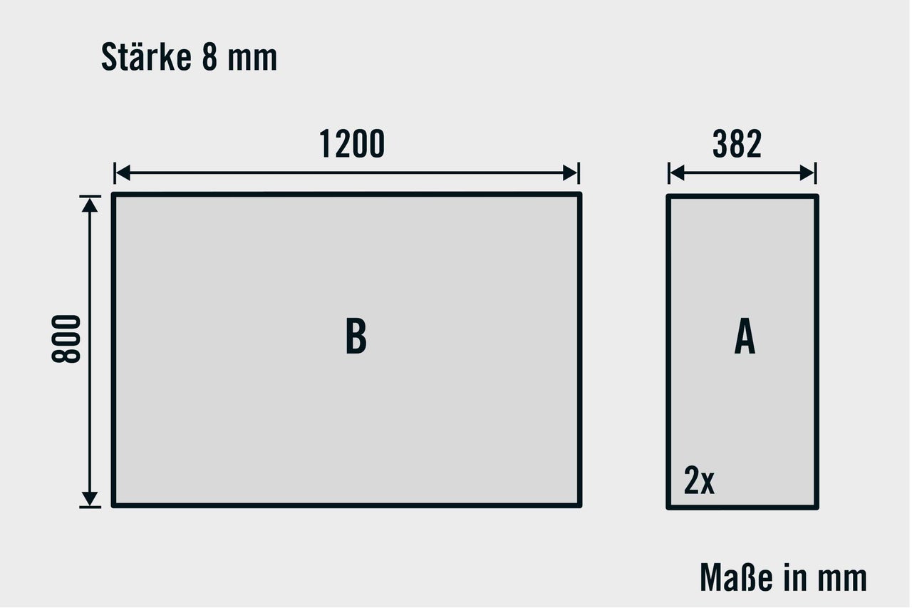 Abmessungen einer 4 mm dicken Platte: ein Stück ist 1200 mm mal 800 mm, zwei Stücke sind 382 mm breit.
