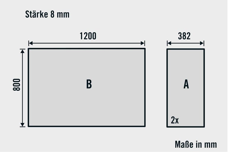 Abmessungen einer 4 mm dicken Platte: ein Stück ist 1200 mm mal 800 mm, zwei Stücke sind 382 mm breit.