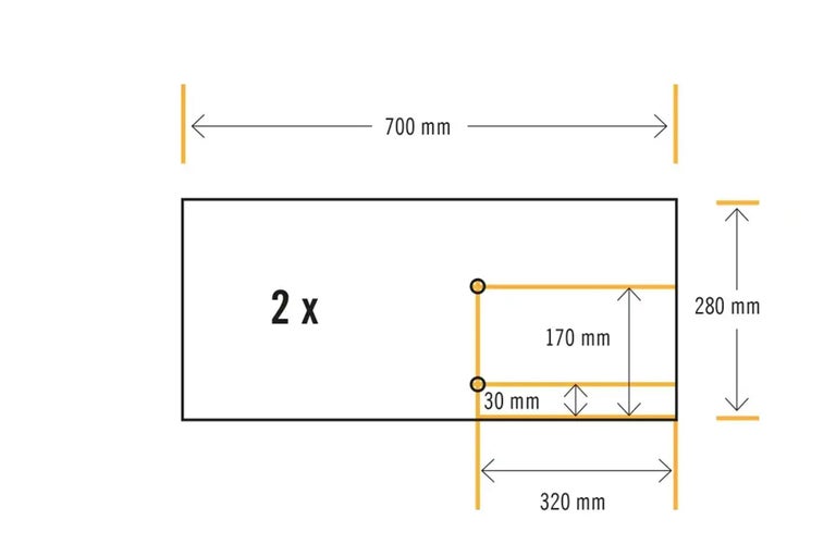 Abmessungen einer Platte: 700 mm Breite, 280 mm Höhe, Ausschnitt: 320 mm Breite, 170 mm Höhe, 30 mm Abstand. Menge: 2 Stück.