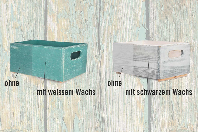 Zwei Holzkisten mit und ohne Wachsbehandlung als Aufbewahrungsmöglichkeit