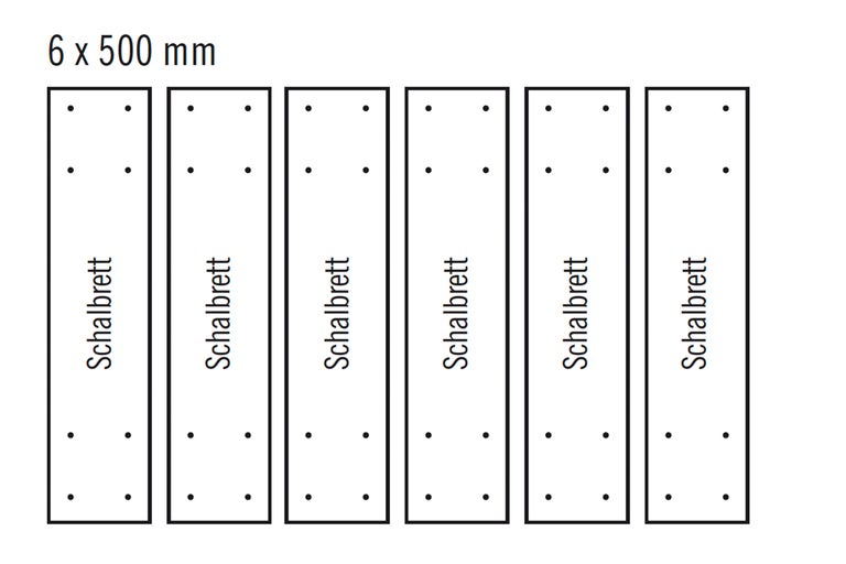 Sechs Schalbretter mit einer Länge von 500 Millimeter.