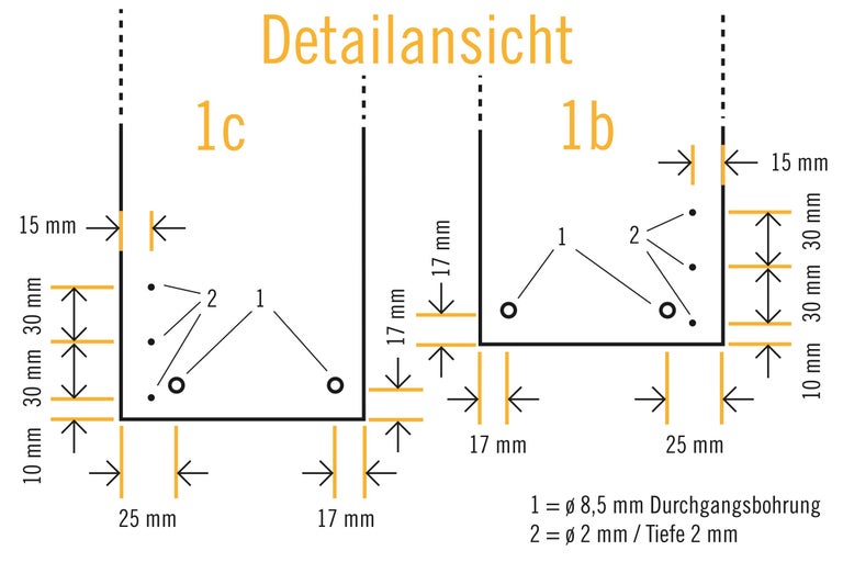 Detailansicht mit Maßangaben und Bohrungsinformationen