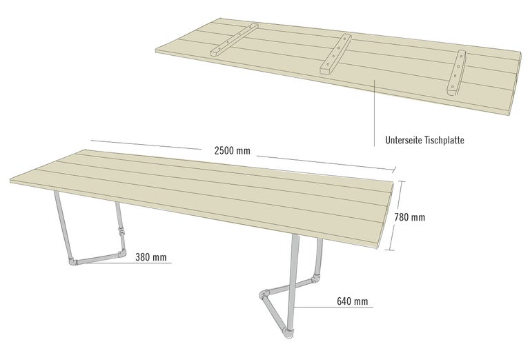 Illustration eines Tisches mit Holzplatte und Metallbeinen mit Maßangaben.