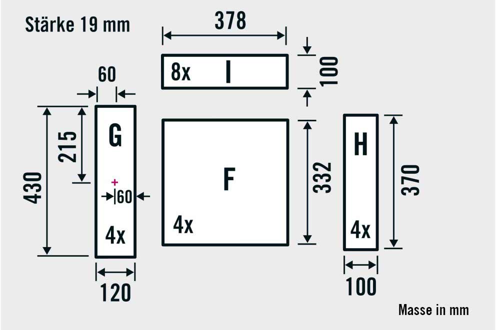 Technische Zeichnung mit Maßangaben für verschiedene Bauteile.