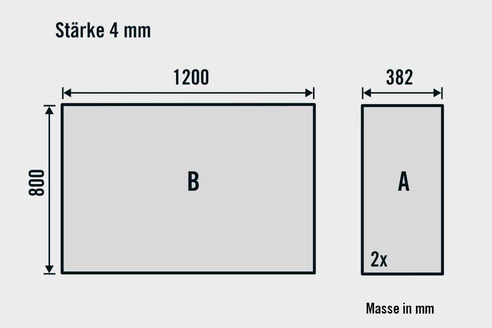 Abmessungen einer 4 mm dicken Platte: ein Stück ist 1200 mm mal 800 mm, zwei Stücke sind 382 mm breit.