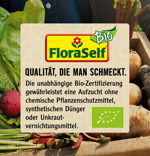 FloraSelf Logo: Qualität, die man schmeckt. Bio-Zertifizierung garantiert Anbau ohne chemische Pflanzenschutzmittel, synthetische Dünger oder Unkrautvernichtungsmittel. Europäisches Bio Siegel.