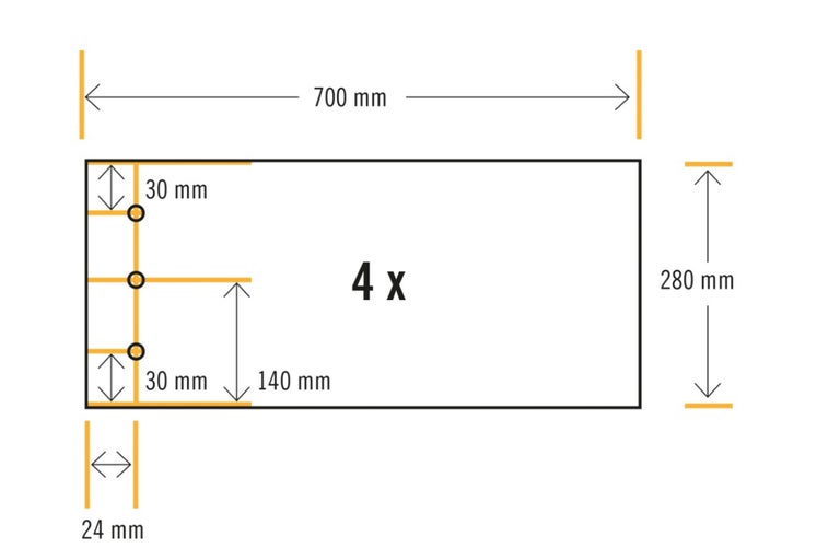 Schema für Möbelscharniere mit den Maßen 700 mm mal 280 mm