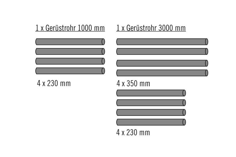 Darstellung von Gerüstrohren in verschiedenen Längen: ein Gerüstrohr mit 1000 Millimeter, ein Gerüstrohr mit 3000 Millimeter, vier Rohre mit 230 Millimeter und vier Rohre mit 350 Millimeter Länge.