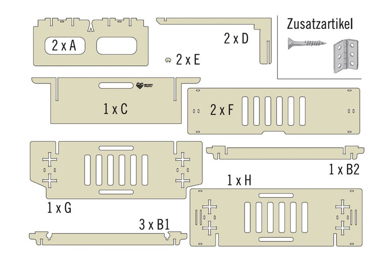 Übersicht der Bauteile und Zusatzartikel für den Zusammenbau