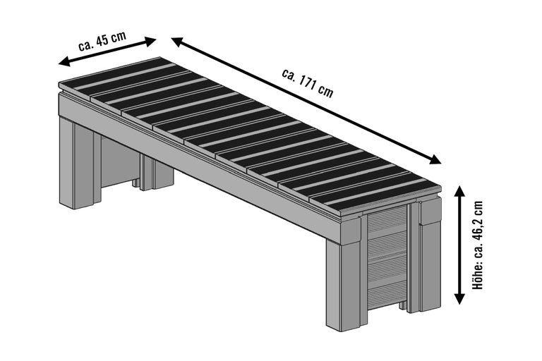 Illustration einer Gartenbank mit den Maßen circa 45 cm Breite, circa 171 cm Länge und circa 46,2 cm Höhe