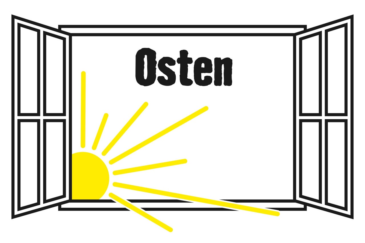 Symbol für Osten mit aufgehender Sonne und geöffnetem Fenster