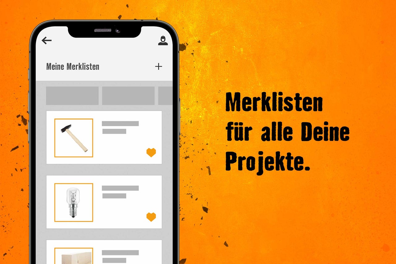 Smartphone-Ansicht der Hornbach-Merkliste mit Hammer, Glühbirne und Holz