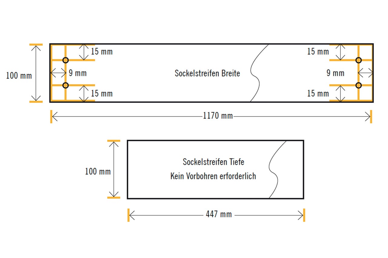 Abmessungen Sockelleiste Breite: 1170 Millimeter breit, 100 Millimeter hoch, Bohrlochabstand 9 Millimeter, Abstand zum Rand 15 Millimeter