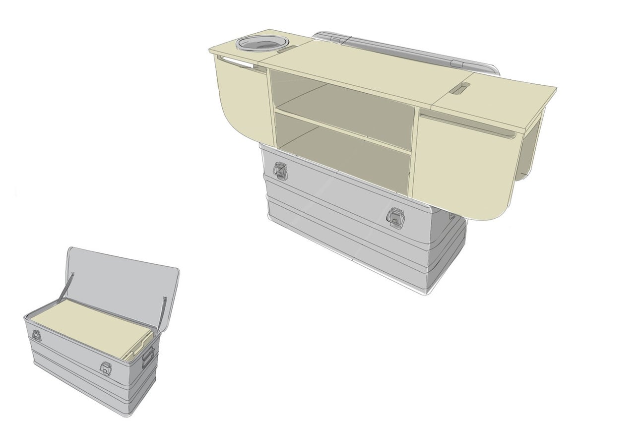 Skizze einer Aluminiumbox mit Aufsatzregal für den Außenbereich