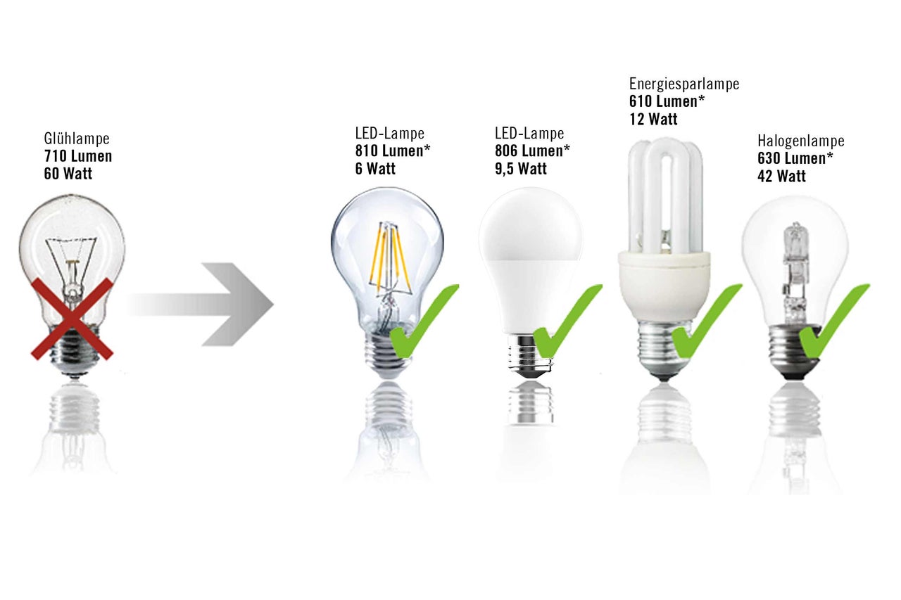 Vergleich verschiedener Lampentypen: Glühlampe mit rotem Kreuz, LED Lampe, Energiesparlampe und Halogenlampe mit grünem Haken.