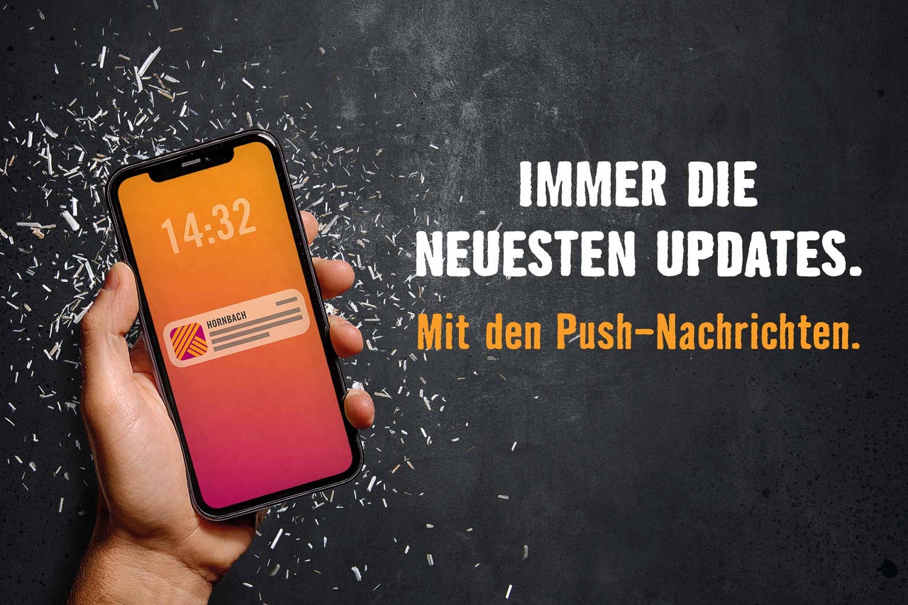 Hand hält Smartphone mit Hornbach Push-Benachrichtigung und dem Text Immer die neuesten Updates. Mit den Push-Nachrichten.