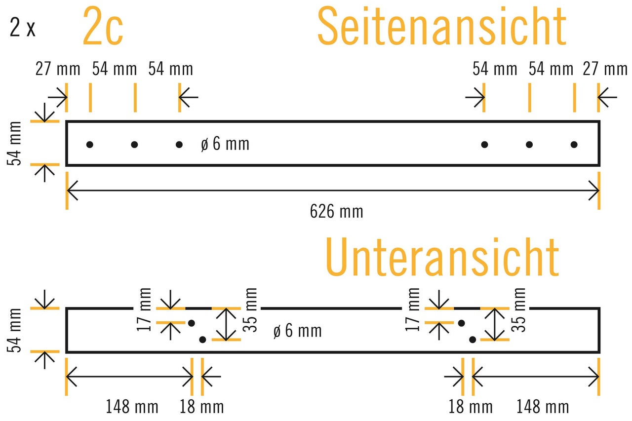 Technische Zeichnung Seitenansicht und Unteransicht mit Maßangaben