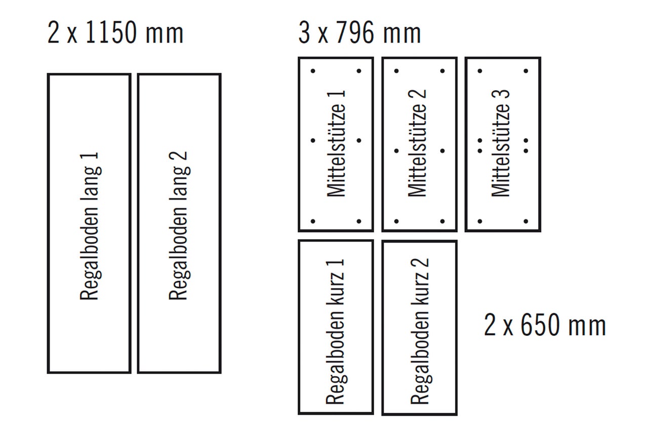 Illustration mit Massen der Regalböden und Mittelstützen