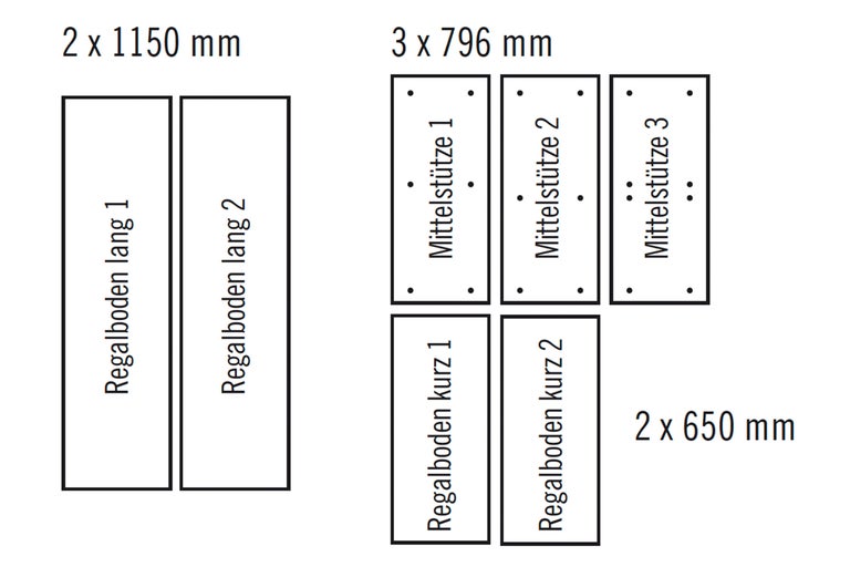Illustration mit Massen der Regalböden und Mittelstützen
