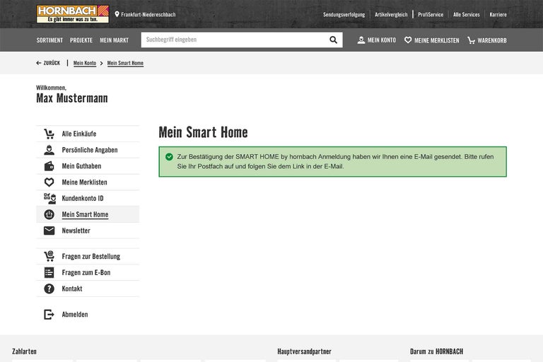 Hornbach Webseite: Mein Smart Home Bereich