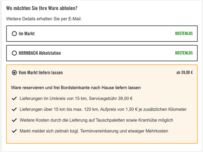 Informationen zu Versandoptionen bei Hornbach