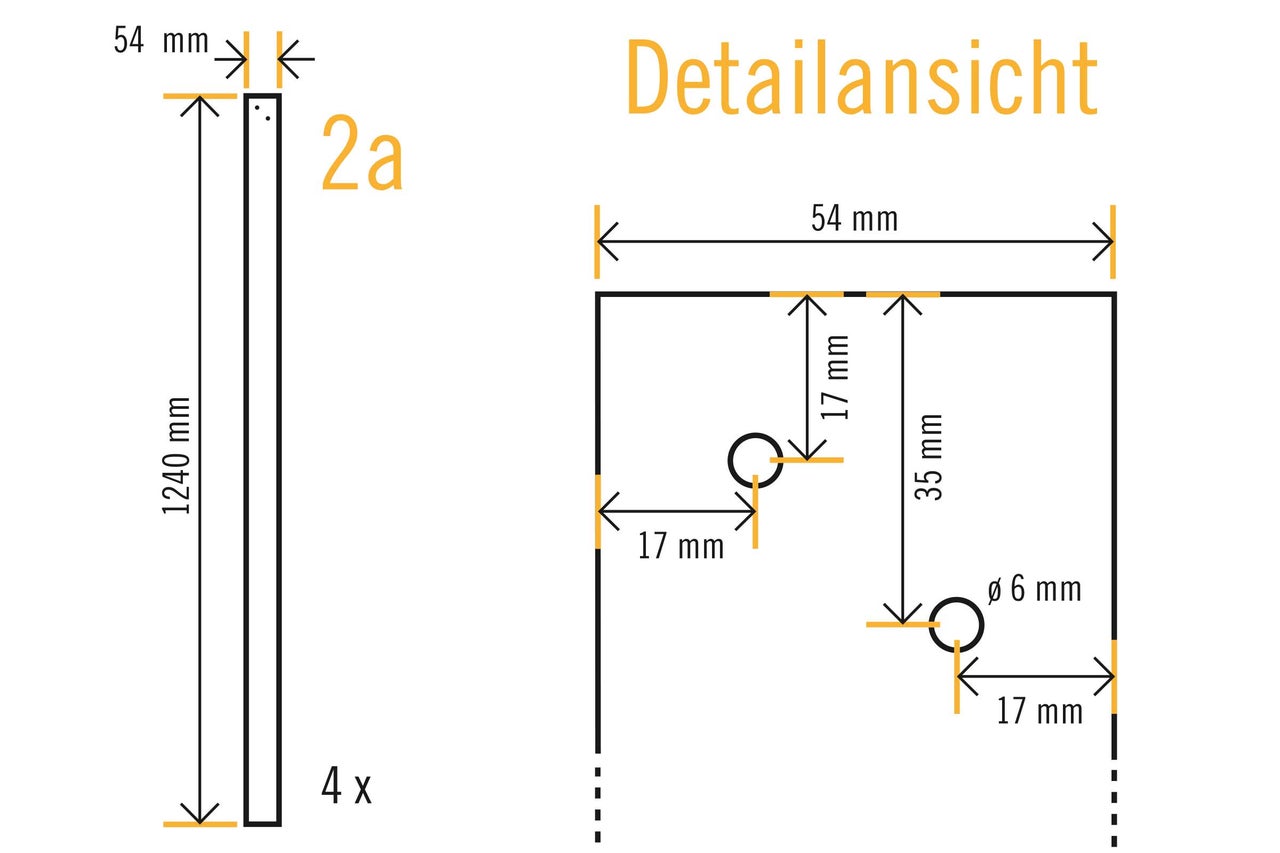 Detailansicht eines Montageteils mit Maßangaben 1240 Millimeter mal 54 Millimeter, 4 Stück