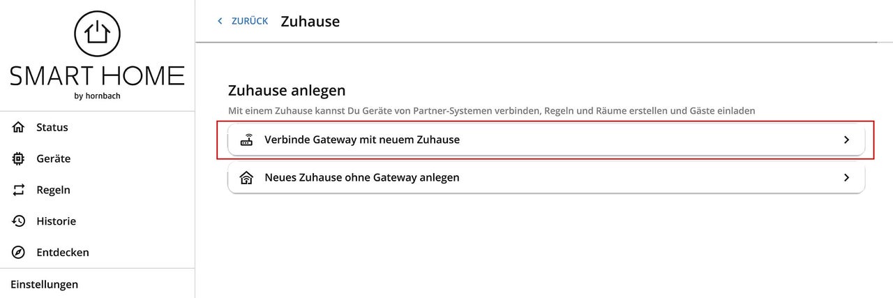 Hornbach Smart Home App zum Verbinden eines Gateways mit einem neuen Zuhause