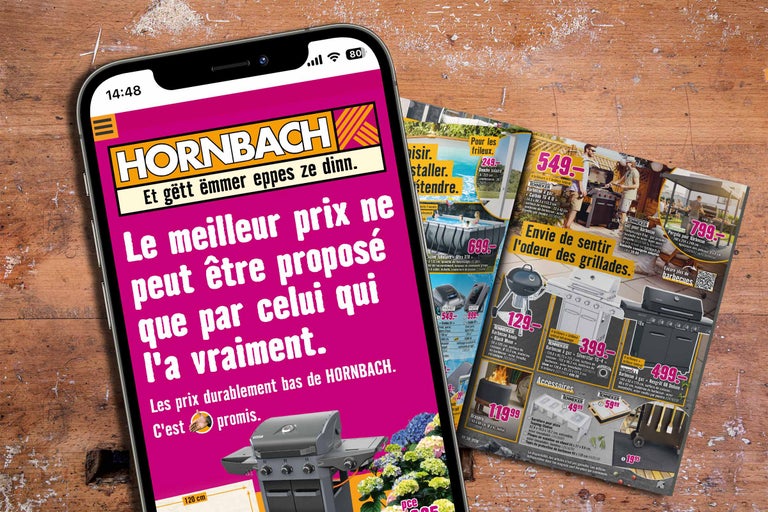 Un smartphone affichant l'application Hornbach sur une surface en bois à côté d'un catalogue présentant des barbecues et des piscines.