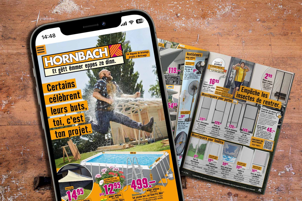 Smartphone affichant l application Hornbach avec une publicité pour piscine hors sol à côté d un prospectus papier pour ventilateurs et moustiquaires