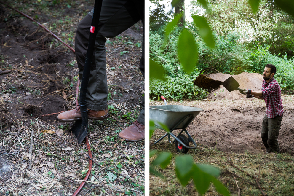 Sascha Borrée gräbt ein Loch nach der Markierung + Sascha Borrée schaufelt Erde aus dem Loch für seinen Teich Sascha Borrée gräbt ein Loch nach der Markierung + Sascha Borrée schaufelt Erde aus dem Loch für seinen Teich