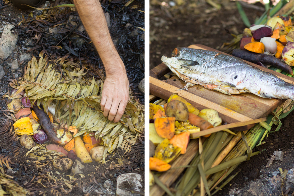 Sascha Essen aus dem Erdofen: Ein gekochter Fisch mit Gemüse. Sascha Essen aus dem Erdofen: Ein gekochter Fisch mit Gemüse.