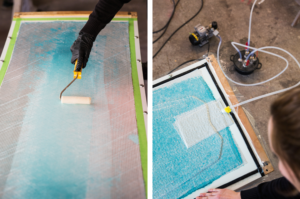 Autorin Esther Acason trägt mithilfe eines Farbrollers Epoxidharz auf die unterschiedlichen Gewebeschichten des selbst gebauten Kiteboards