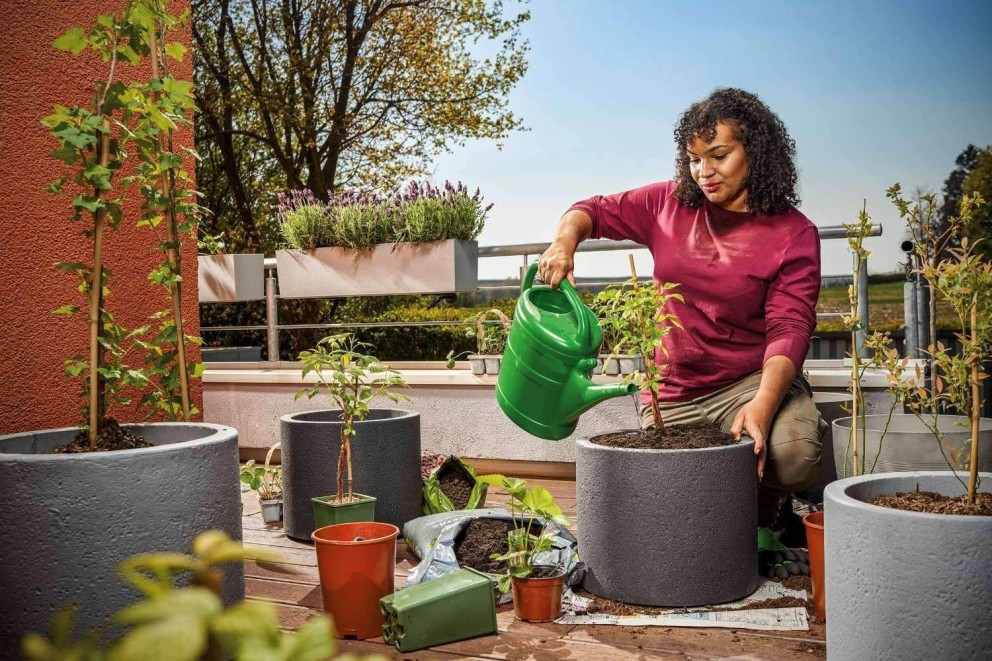 Femme arrose une plante dans un pot sur un balcon