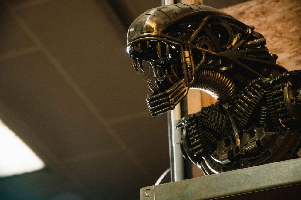 Kopf der „Alien“ Queen aus dem Sci Fi Klassiker steht in einem Regal. Kopf der „Alien“ Queen aus dem Sci Fi Klassiker steht in einem Regal.