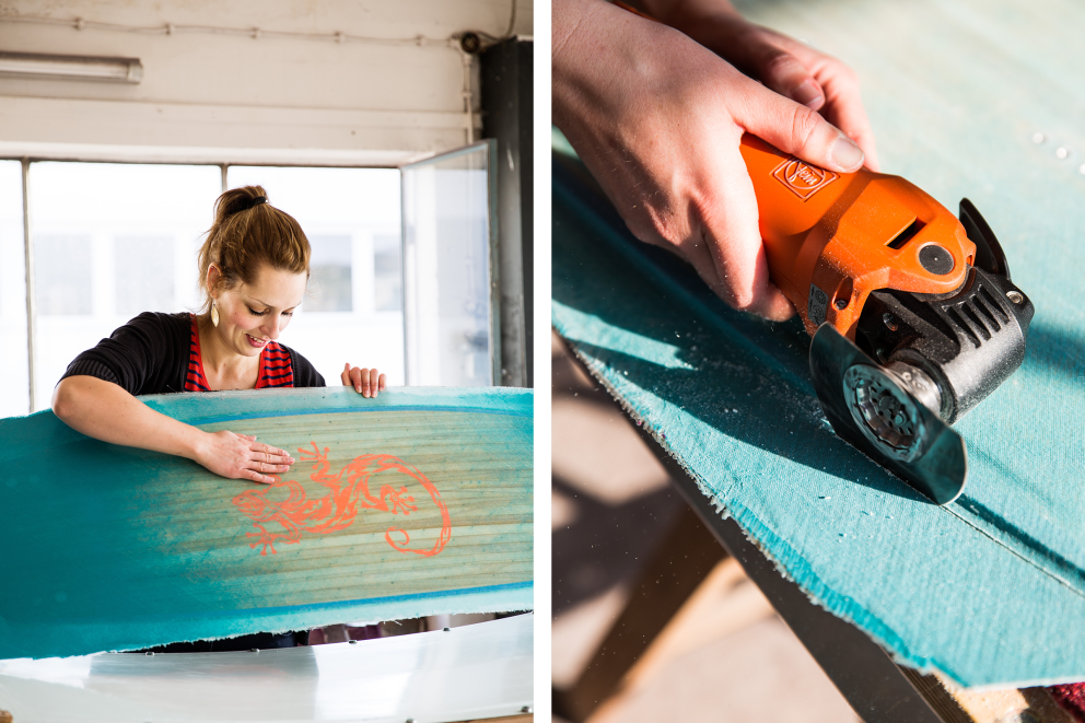 Esther Acason schneidet die überstehende Seite des Kiteboards mithilfe des Multitools ab