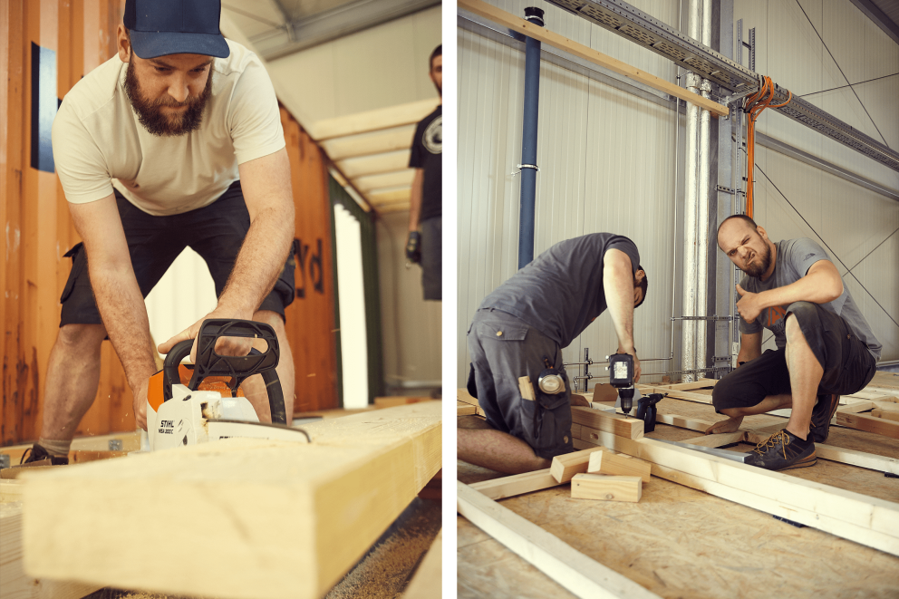 
				Innenausbau: Holzbohlen zurechtsägen und verarbeiten.

			