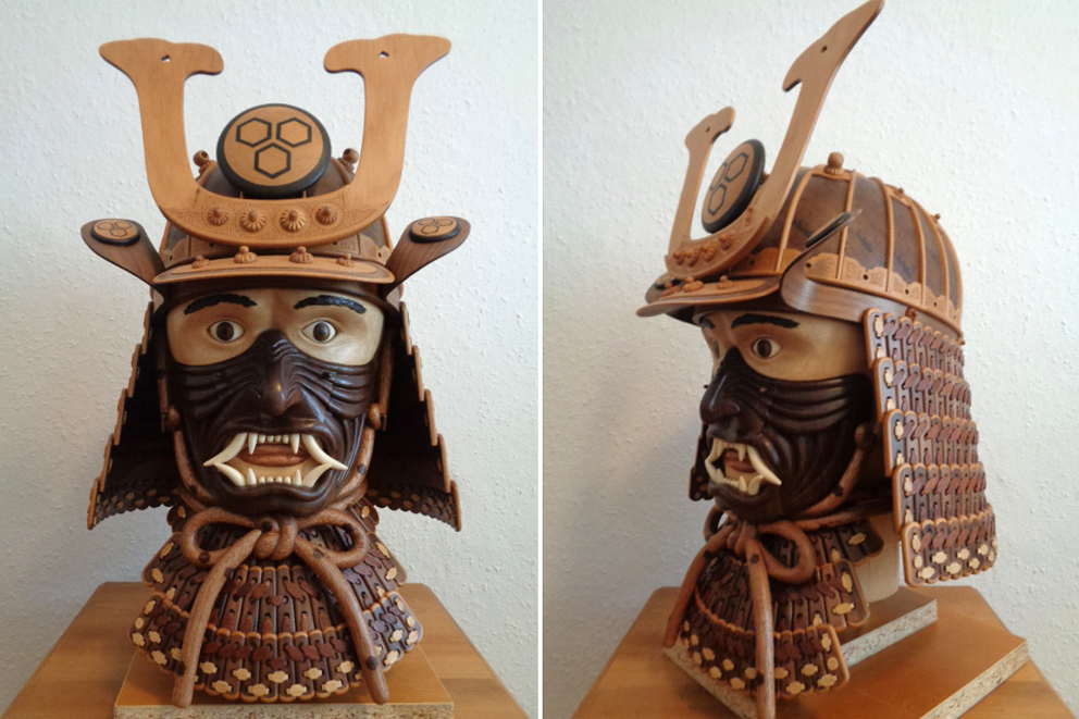 
				Der Kopf des Samurai mit Helm und Maske.

			