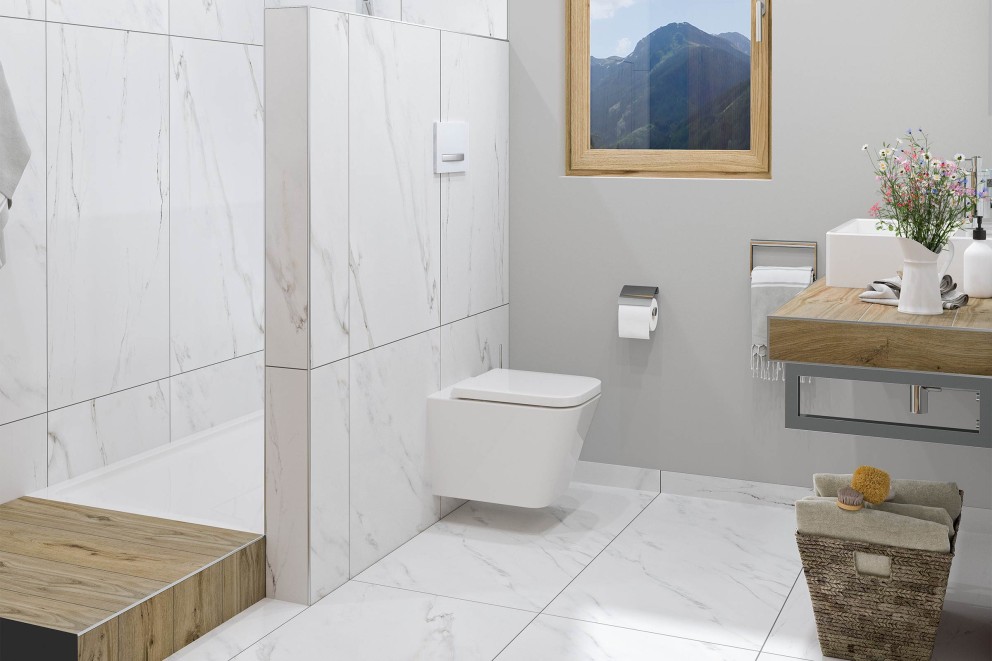 Modernes Badezimmer mit Toilette, Waschtisch und Dusche