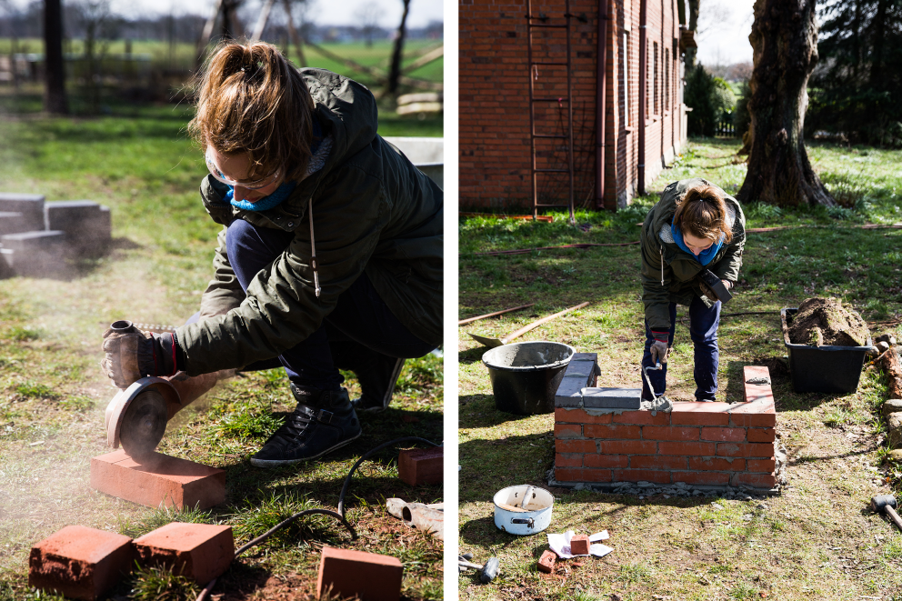 Autorin Esther Acason schneidet mithilfe des Winkelschleifers Klinkersteine zu, den sie für den Bau ihres selbst gemauerten Gartengrills braucht und mauert Schicht um Schicht ihren ersten selbst gebauten Gartengrill. Autorin Esther Acason schneidet mithilfe des Winkelschleifers Klinkersteine zu, den sie für den Bau ihres selbst gemauerten Gartengrills braucht und mauert Schicht um Schicht ihren ersten selbst gebauten Gartengrill.
