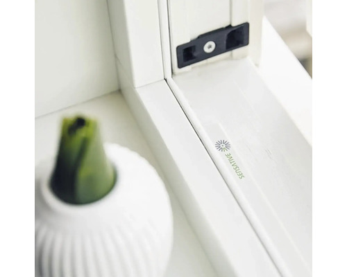 Detailansicht eines weißen Fensterrahmens mit Beschlag