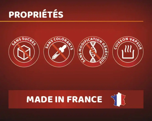 Propriétés : sans sucres, sans colorants, sans modification génétique, cuisson vapeur, fabriqué en France