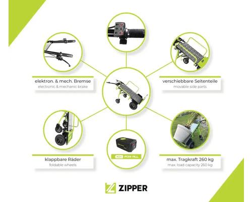 Détails de la brouette électrique : frein électronique et mécanique, parties latérales coulissantes, roues pliables, capacité de charge maximale de 260 kilogrammes, logo Zipper