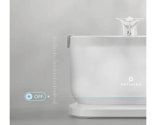 Logo Petlibro sur une fontaine pour animaux de compagnie avec indicateur de niveau et interrupteur d''arrêt