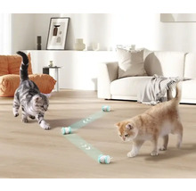 Zwei Katzen spielen mit einem interaktiven Katzenspielzeug in einem hellen Wohnzimmer.