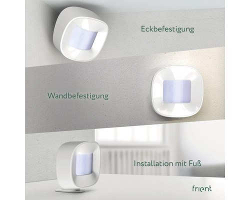Drei Installationsmöglichkeiten eines weißen Bewegungsmelders: Eckbefestigung, Wandbefestigung und Installation mit Fuß.