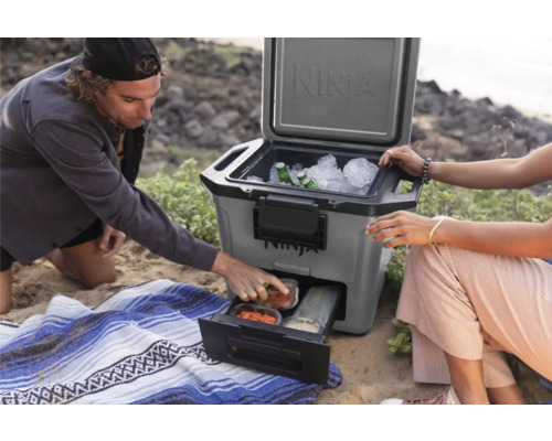 Szene mit einer Kühlbox im Freien, mit Eis und Getränken gefüllt, mit ausziehbarer Schublade und zwei Personen