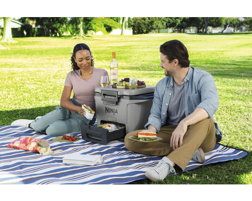 Ein Paar geniesst ein Picknick mit einem tragbaren Ninja-Grill, Speisen und Getränken auf einer blau-weiss gestreiften Decke im Freien.