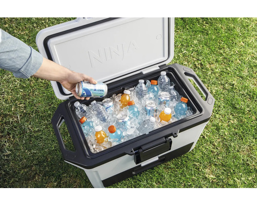 Geöffnete Kühlbox mit Getränken und Eiswürfeln, eine Hand legt eine Dose hinein.